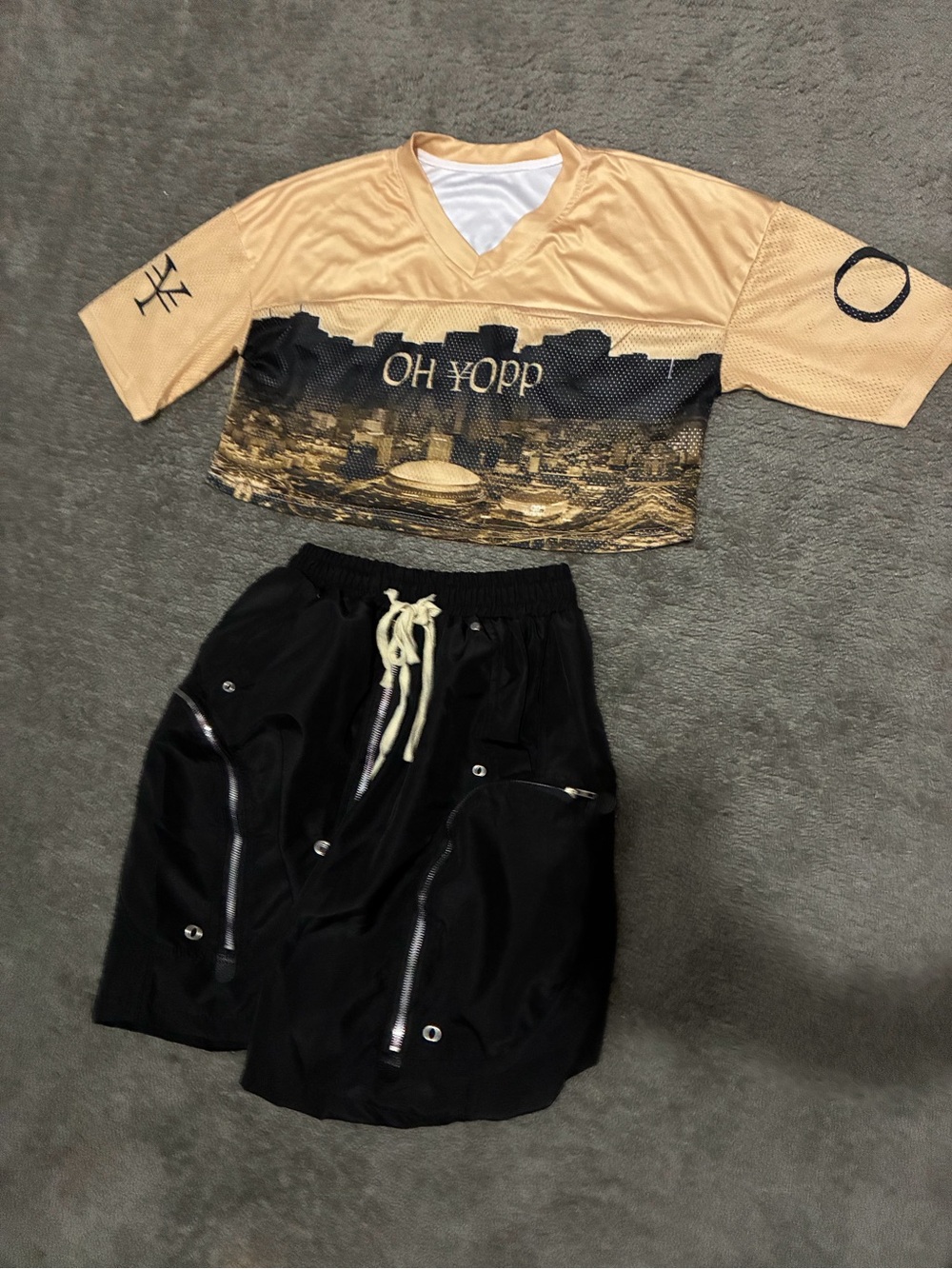 Gold & Black "OH YOPP" crop V-Neck Jersey Top